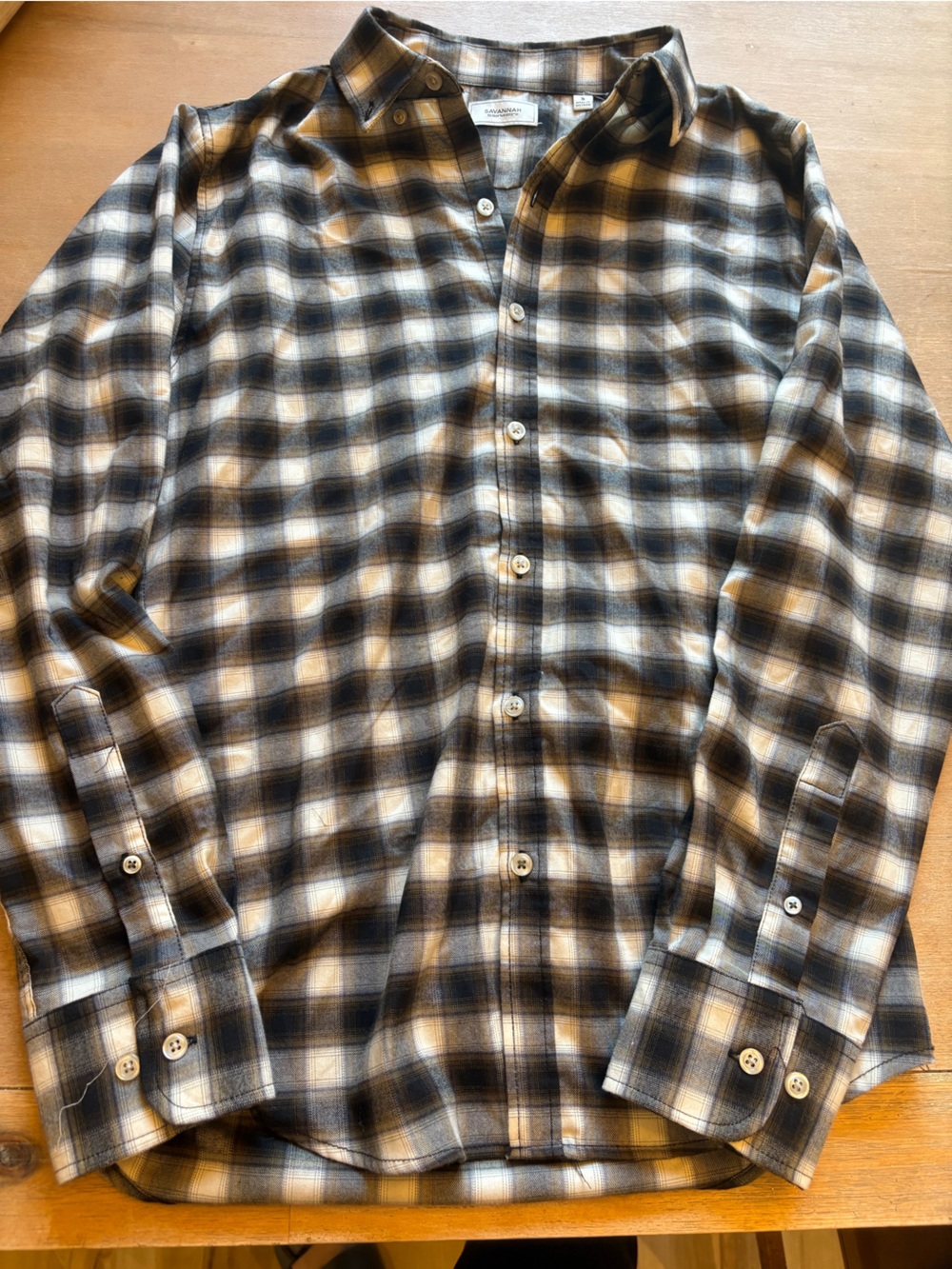 Savannah Black, White & Tan Plaid Button-Down Shirt
